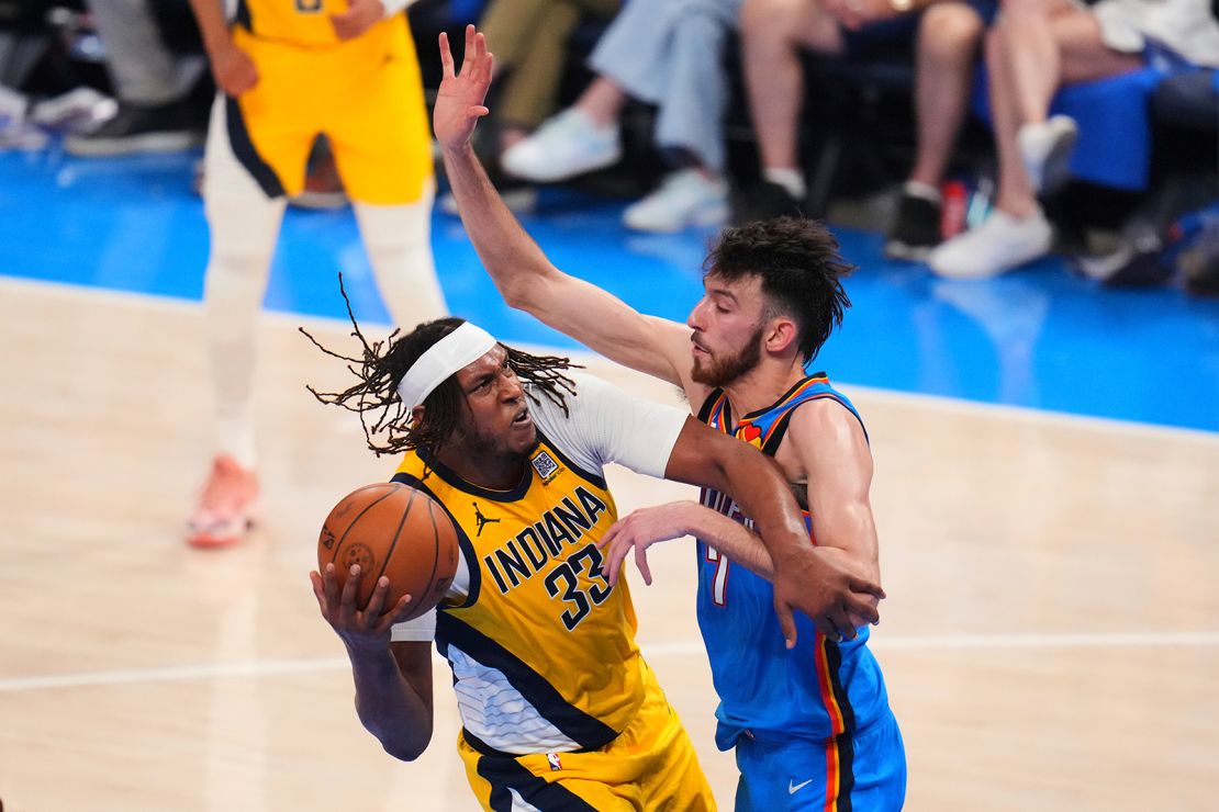 Oklahoma City Thunder forward Chet Holmgren defends against Indiana Pacers center Myles Turner during the second half of Game 2.