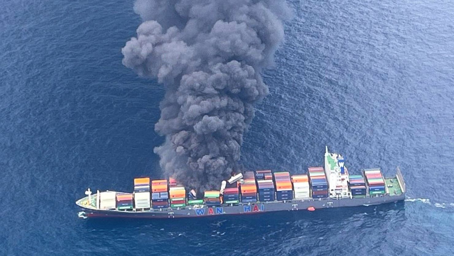 Smoke rises following an explosion and fire onboard a Singapore-flagged container ship off the coast of Kerala, India, June 9, 2025.