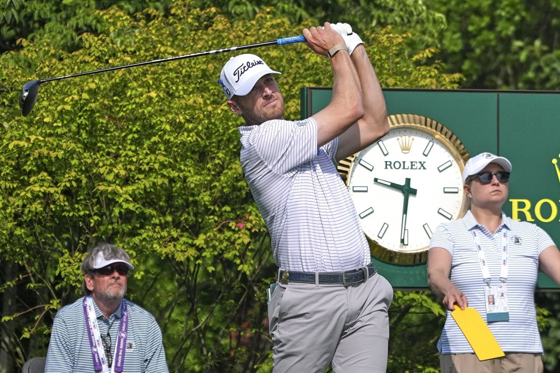 Vogt T-shirt in the first hole of the 2025 US Open practice round.