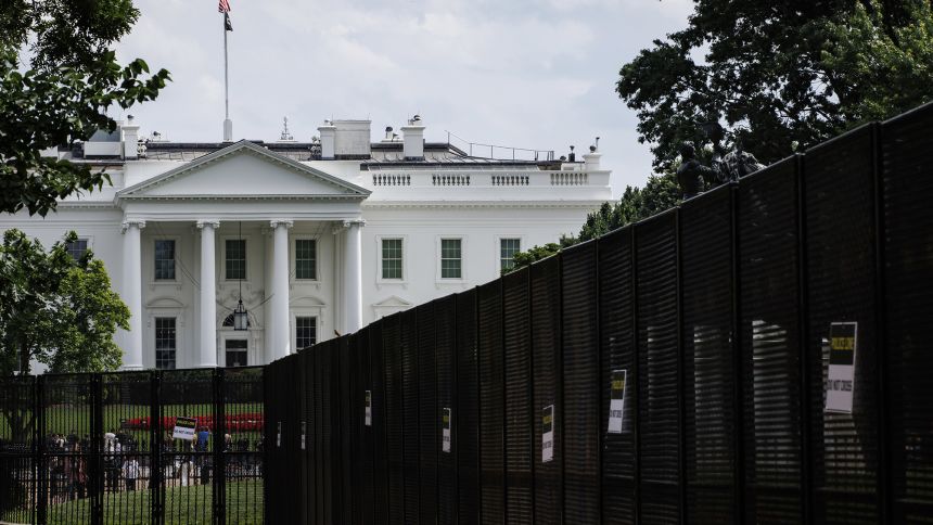 The White House is seen behind temporary security barriers that have been erected around parts of the city on June 9, 2025 in Washington, D.C. The security measures are being put in place ahead of President Trumps military parade on June 14th which he says is to celebrate the U.S. Army's 250th anniversary.