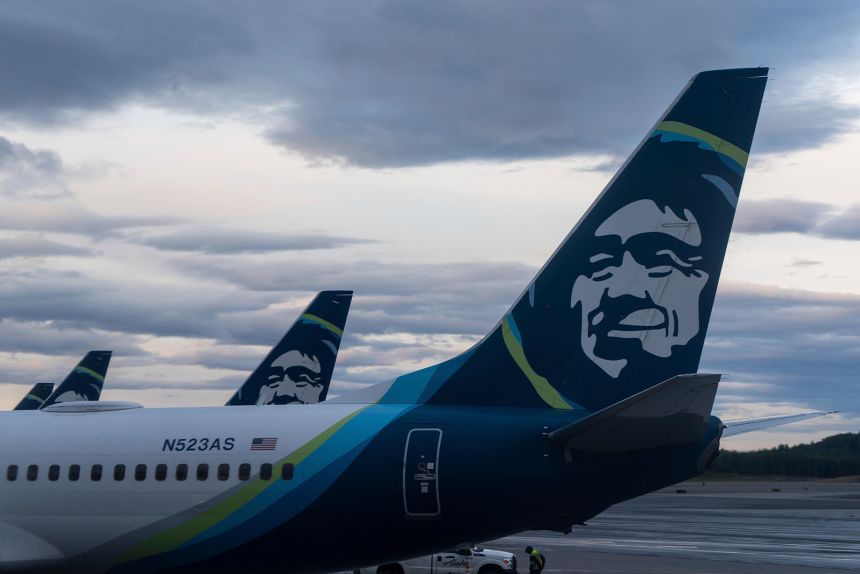 Alaska Airlines planes are seen at Anchorage airport on Monday, in Deadhorse, Alaska.
