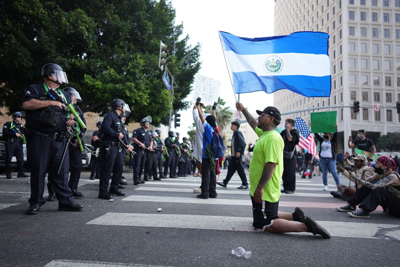 A protester kneels waving a National flag from El Salvador in front of a line of law enforcement officers near the Federal Building in downtown Los Angeles on Monday.