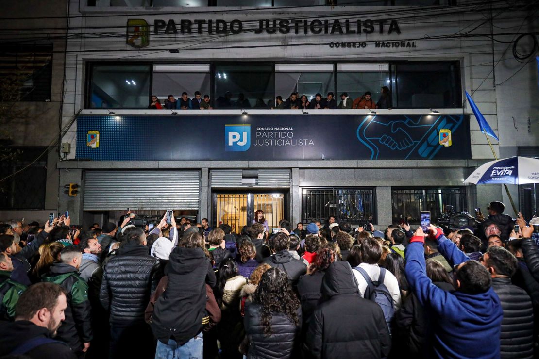 Kirchner addresses supporters outside the headquarters of her Peronist Justicialista party after the verdict.