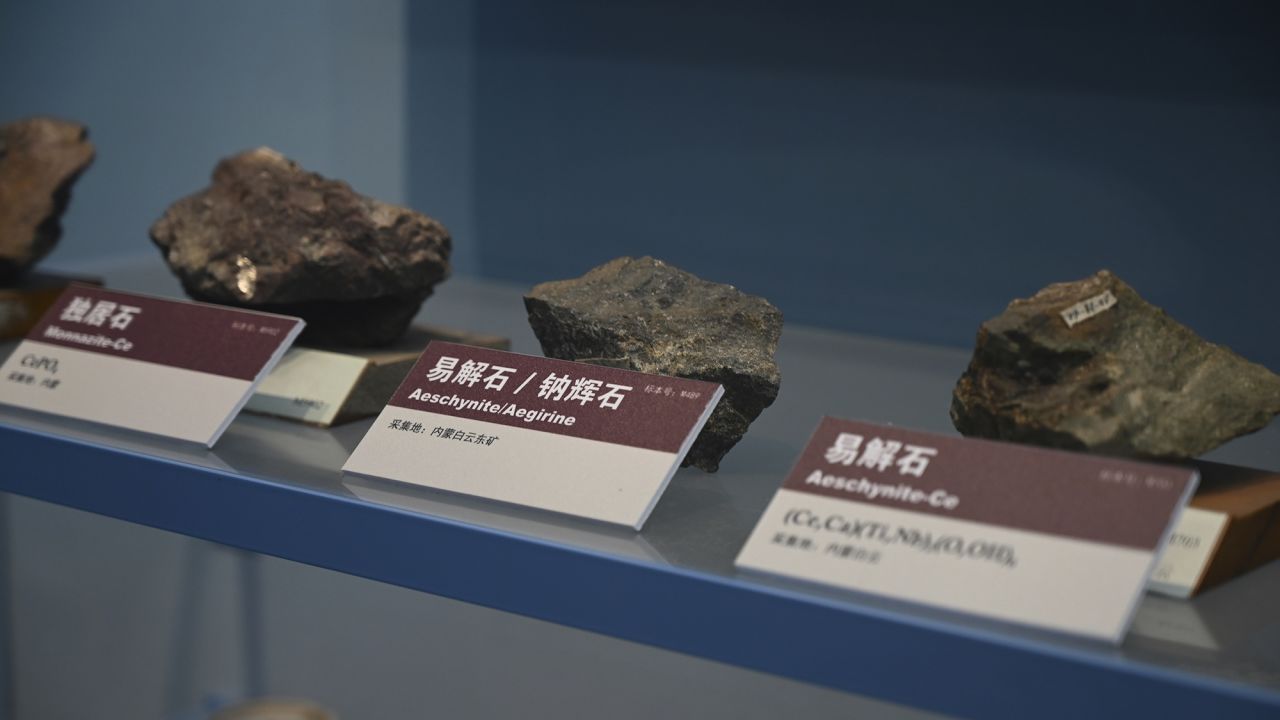 Samples of rare-earth minerals from Baiyun'ebo or Bayan Obo mining district are on display at the Institute of Geology and Geophysics, Chinese Academy of Sciences (IGGCAS) on May 17, 2025 in Beijing, China.