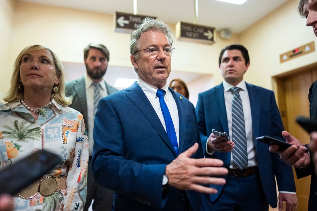 Sen. Rand Paul, R-Ky., talks with reporters in the U.S. Capitol after the senate luncheons on Tuesday, June 10, 2025.