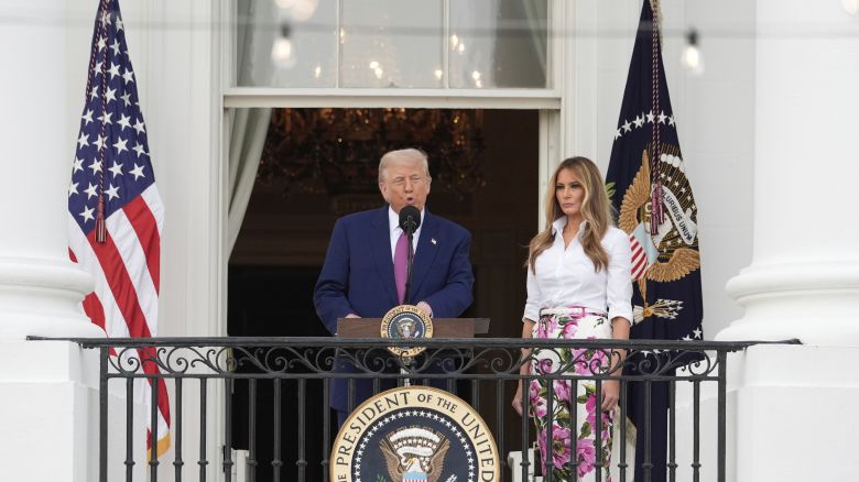 President Donald Trump speaks as first lady Melania Trump listens during the congressional picnic on the South Lawn of the White House onThursday, June 12, 2025, in Washington.