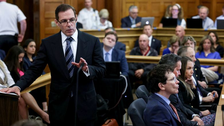Prosecutor Hank Brennan, left, speaks to jurors during closing arguments in the murder trial of Karen Read in Norfolk Superior Court, Friday, June 13, 2025, in Dedham, Mass. (Mark Stockwell/The Sun Chronicle via AP, Pool) 