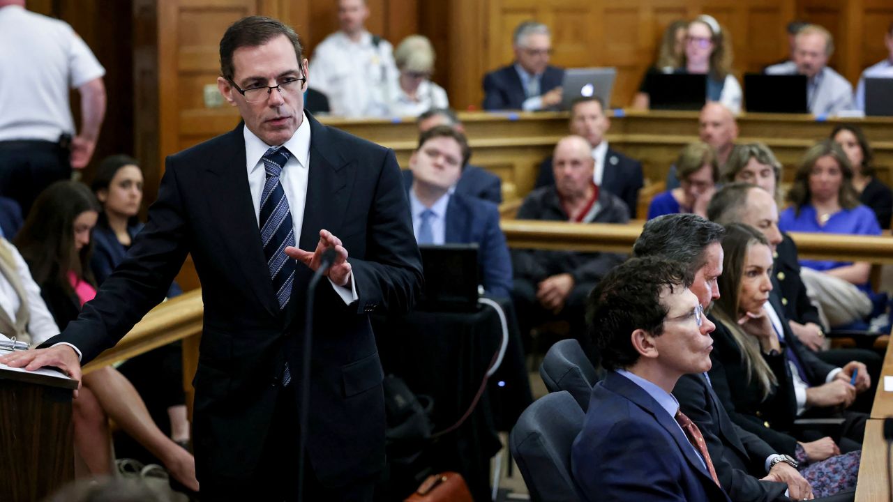 Prosecutor Hank Brennan, left, speaks to jurors during closing arguments in the murder trial of Karen Read in Norfolk Superior Court, Friday, June 13, 2025, in Dedham, Mass. (Mark Stockwell/The Sun Chronicle via AP, Pool) 