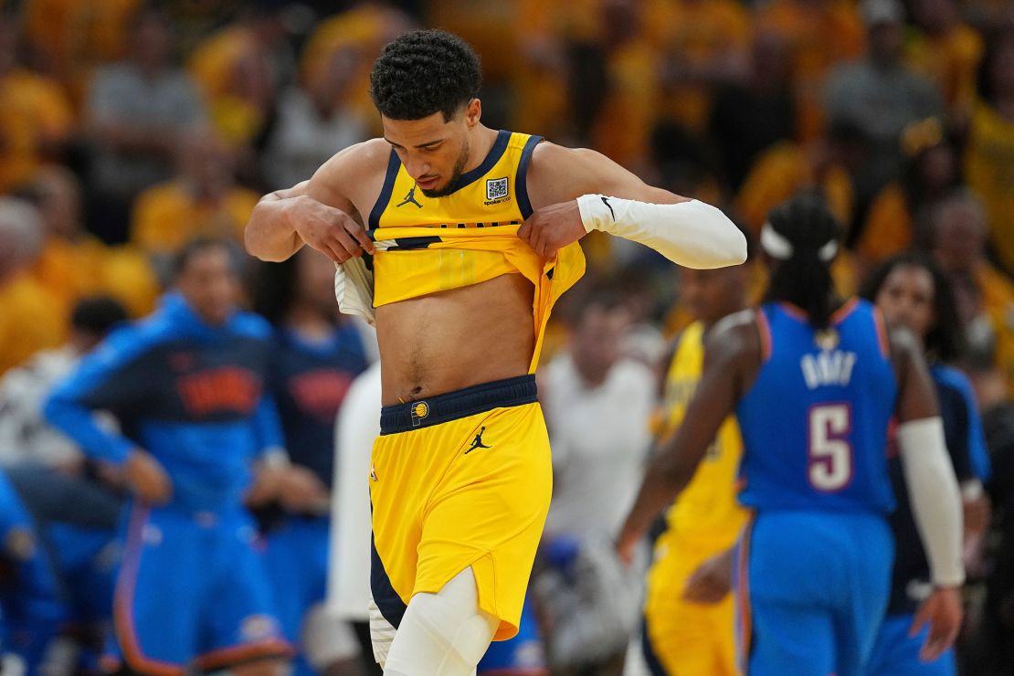 Indiana Pacers guard Tyrese Haliburton leaves the court after Game 4 of the NBA Finals against the Oklahoma City Thunder.
