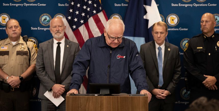Minnesota Gov. Tim Walz pauses Saturday as he announces the apparent 