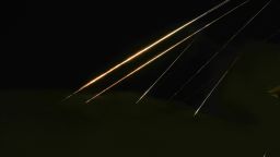 Traces of projectile illuminates the sky seen from northern Israel, Saturday, June 14, 2025. (AP Photo/Ariel Schalit)