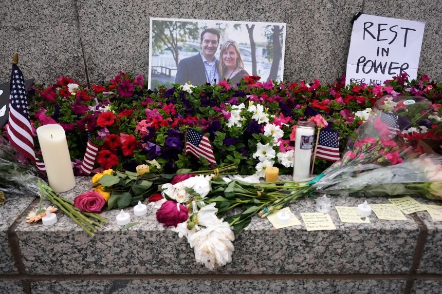 A memorial for Minnesota state Rep. Hortman and her husband forms at the state Capitol in St. Paul.