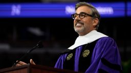 Steve Carell delivering the 2025 Northwestern University commencement address in Chicago on Sunday.