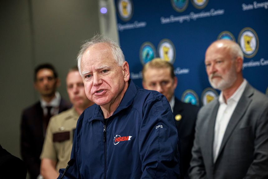 Tim Walz speaks during a press conference at the State Emergency Operations Center in Blaine, Minnesota following the arrest of Vance Luther Boelter on Sunday.