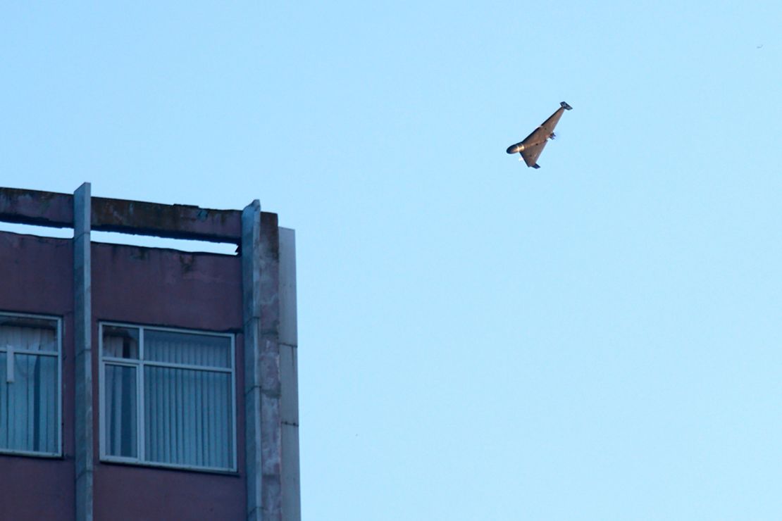 A Russian drone attacks a building during Russia's massive missile and drone air attack in Kyiv, Ukraine on June 17, 2025.