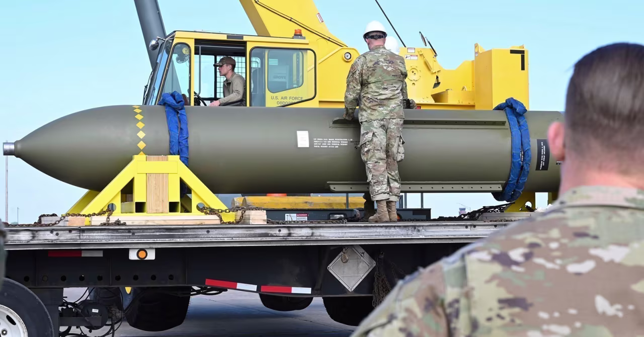  This photo released by the US Air Force on May 2, 2023, shows a GBU-57, known as the Massive Ordnance Penetrator, at Whiteman Air Base in Missouri.