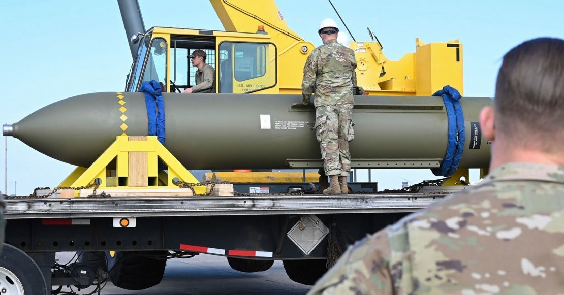 In this photo, released by the US Air Force on May 2, 2023, the aviator looks at the GBU-57, known as a giant weapon intruder, located at Whiteman Air Force Base in Missouri.