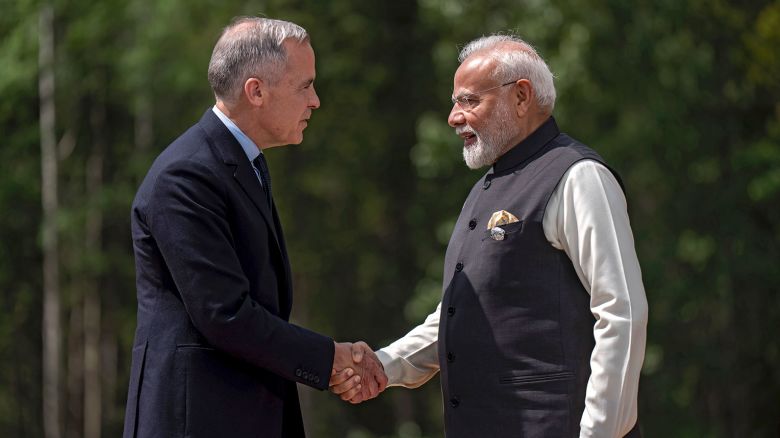 Mark Carney, Prime Minister of Canada, welcomes Narendra Modi, Prime Minister of India, ahead of the working session with the Outreach Partner Countries at the G7 Summit in Canada on June 17, 2025.