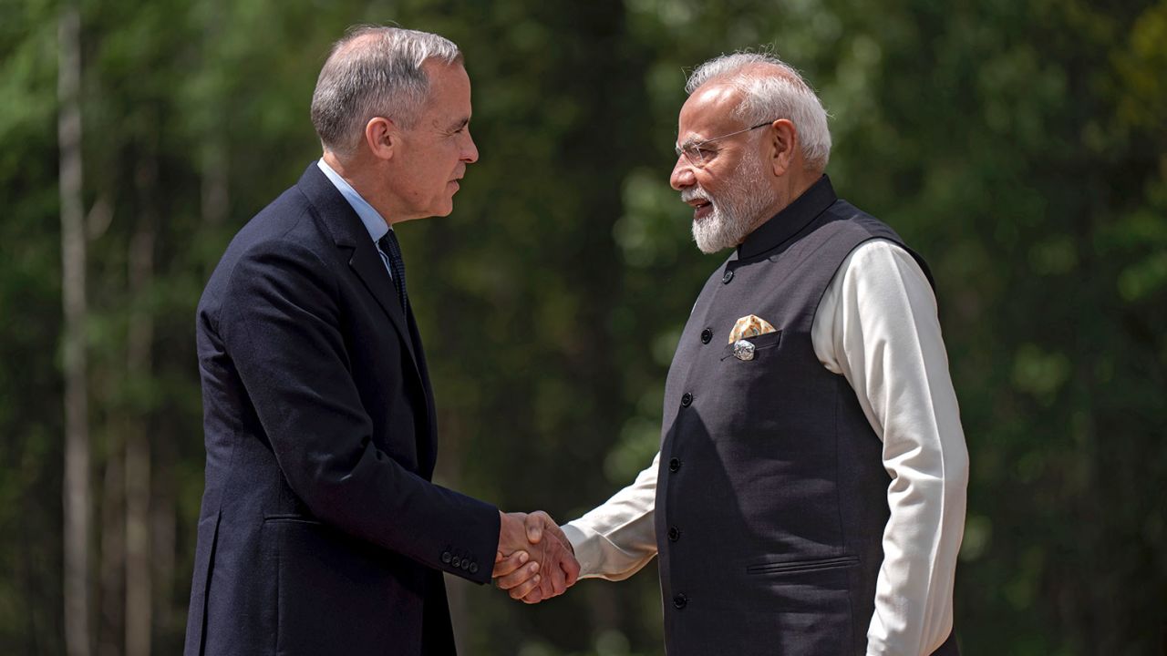 Mark Carney, Prime Minister of Canada, welcomes Narendra Modi, Prime Minister of India, ahead of the working session with the Outreach Partner Countries at the G7 Summit in Canada on June 17, 2025.