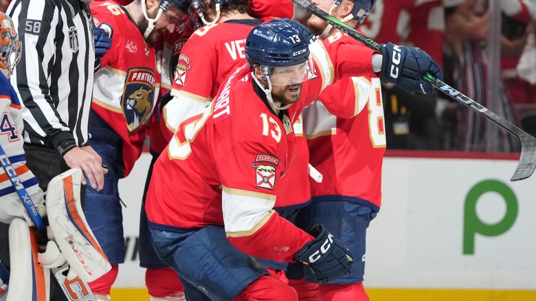 Florida Panthers center Sam Reinhart  celebrates a goal during the second period of Game 6 of the NHL hockey Stanley Cup Final against the Edmonton Oilers.