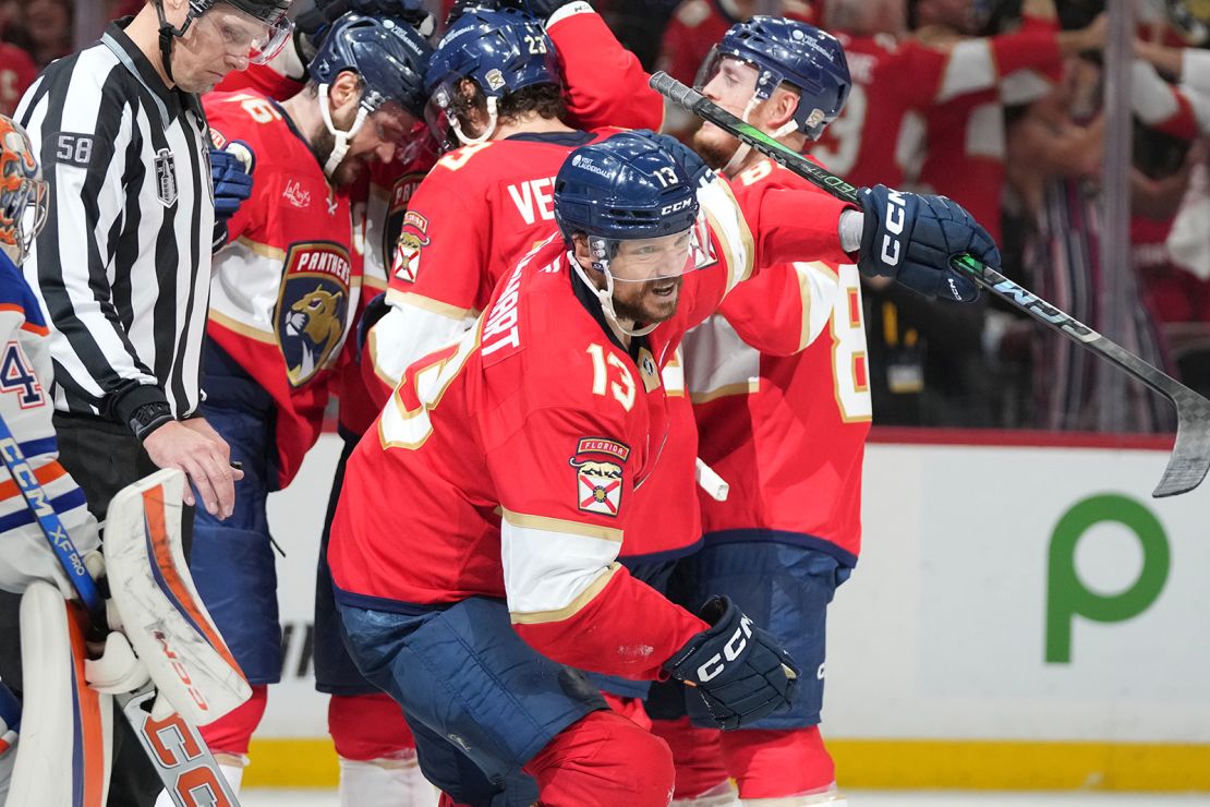 Florida Panthers center Sam Reinhart (13) celebrates his goal during the second period of Game 6 of the Stanley Cup Final against the Edmonton Oilers.