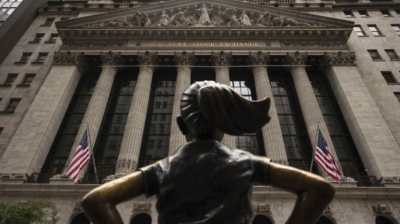 The "Fearless Girl" statue stands in front of the New York Stock Exchange, Wednesday, June 18, 2025, in New York.