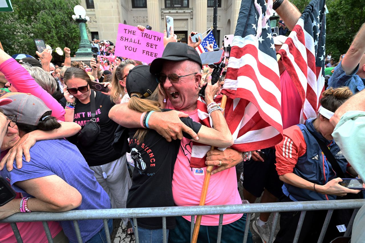 Supporters of Karen Read react to her verdict on Wednesday in Dedham.