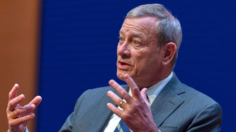 Chief Justice of the US Supreme Court John Roberts speaks during a lecture to the Georgetown Law School graduating class of 2025, in Washington, May 12, 2025.