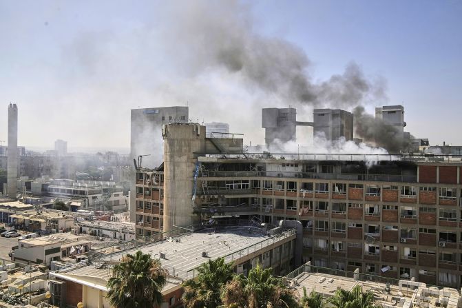 Smoke rises from a building at the Soroka hospital complex in Beer Sheva, Israel, after it was hit by an Iranian missile on Thursday.