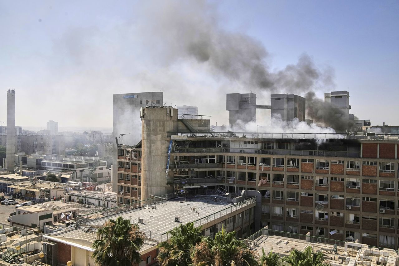 Smokes rises from a building at the Soroka hospital complex after it was hit by a missile fired from Iran in Beer Sheva, Israel, on Thursday.