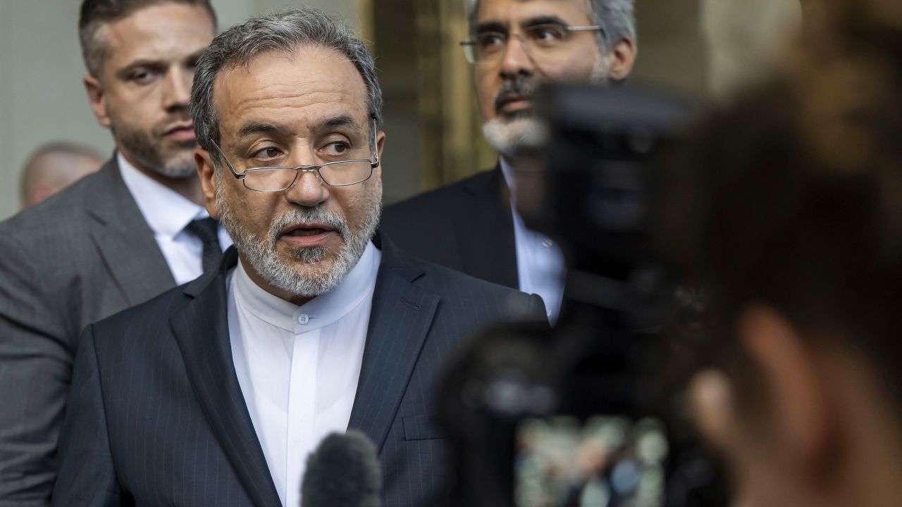 Iranian Foreign Minister Abbas Araghchi, speaks to the media after an Iran-EU nuclear meeting, in Geneva, Switzerland, Friday, June 20, 2025. (Martial Trezzini/Keystone via AP)