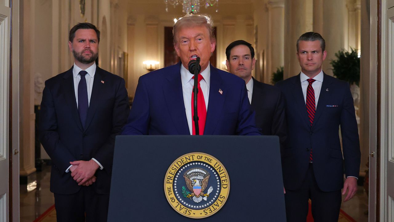 President Donald Trump speaks from the East Room of the White House in Washington, Saturday, June 21, 2025, after the U.S. military struck three Iranian nuclear and military sites, directly joining Israel's effort to decapitate the country's nuclear program, as Vice President JD Vance, Secretary of State Marco Rubio and Defense Secretary Pete Hegseth listen.