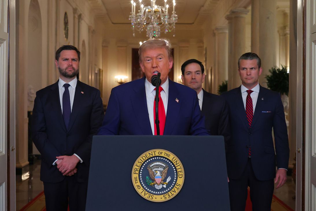 President Donald Trump speaks from the East Room of the White House on June 21, 2025, after the U.S. military struck three Iranian nuclear and military sites, directly joining Israel's effort to decapitate the country's nuclear program. Joining him are Vice President JD Vance, Secretary of State Marco Rubio and Defense Secretary Pete Hegseth.