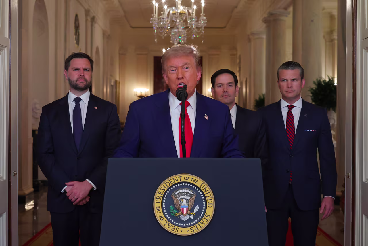 Donald Trump speaks from the East Room of the White House in Washington, on Saturday.