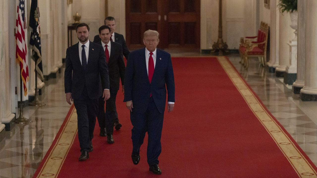 President Donald Trump arrives to speak from the East Room of the White House in Washington, Saturday, June 21, 2025, after the U.S. military struck three Iranian nuclear and military sites, directly joining Israel's effort to decapitate the country's nuclear program, with Vice President JD Vance, Secretary of State Marco Rubio and Defense Secretary Pete Hegseth.