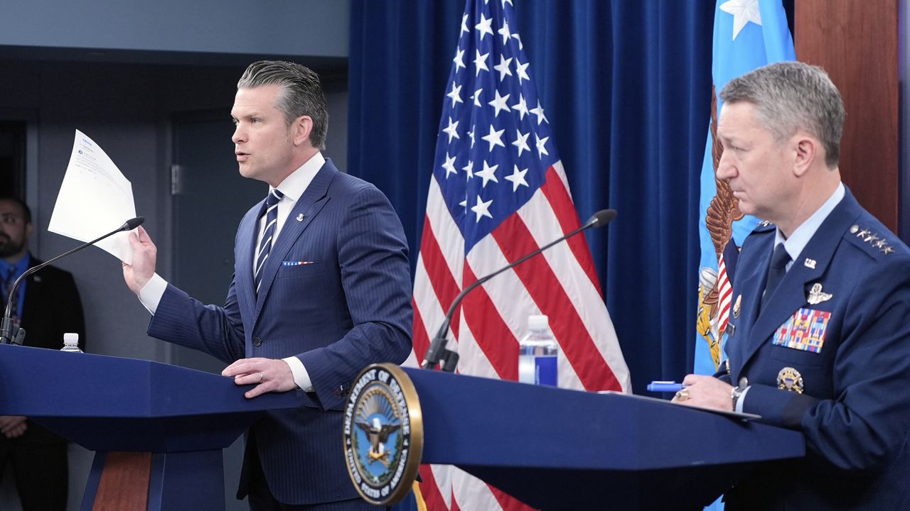 Defense Secretary Pete Hegseth and Joint Chiefs Chairman Gen. Dan Caine speak during a news conference at the Pentagon in Washington, Sunday, June 22, 2025, after the U.S. military struck three sites in Iran, directly joining Israel's effort to destroy the country's nuclear program.