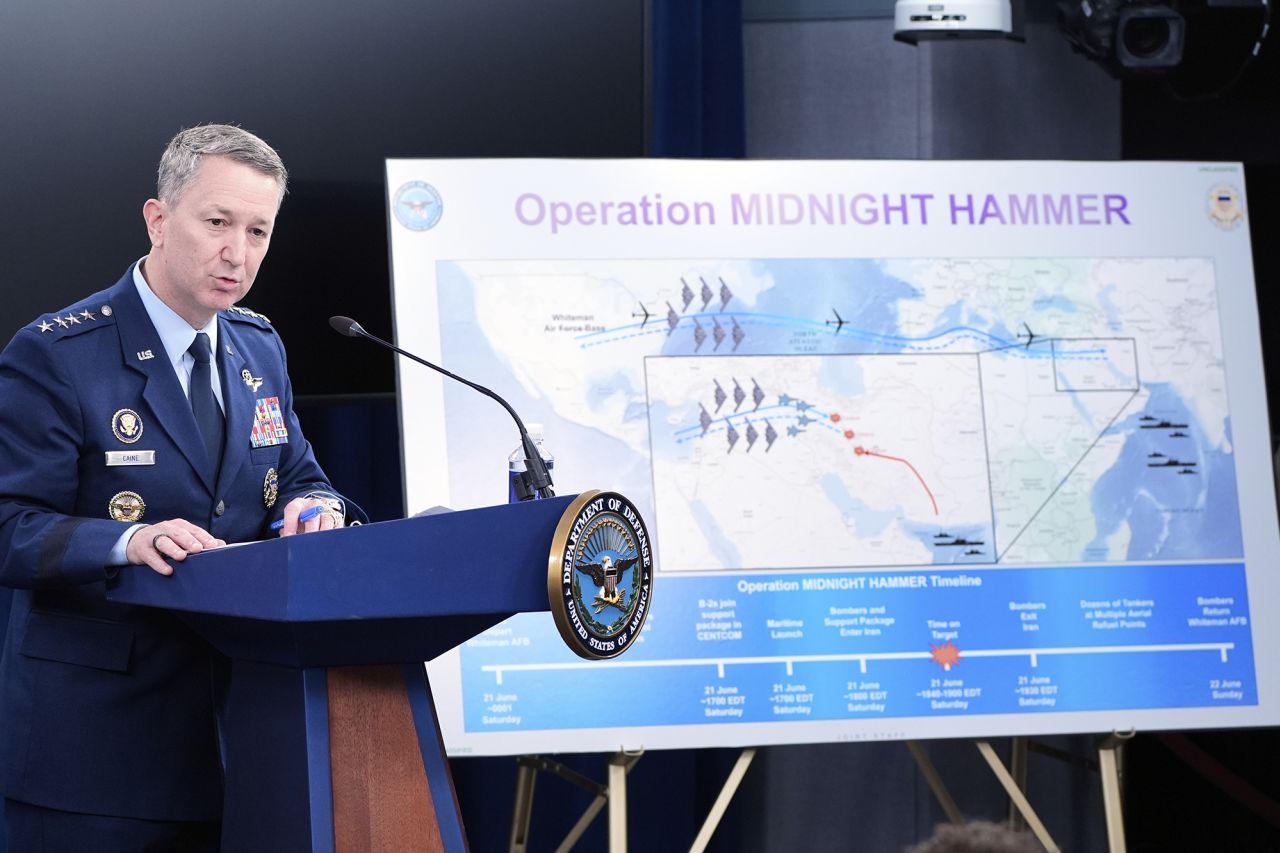 Joint Chiefs Chairman Gen. Dan Caine speaks during a news conference at the Pentagon today.