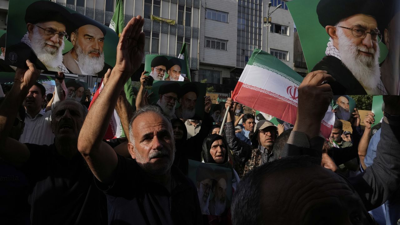 Iranian protesters chant slogans during a protest following the U.S. attacks on Iranian nuclear sites in Tehran, Iran, Sunday, June 22, 2025.