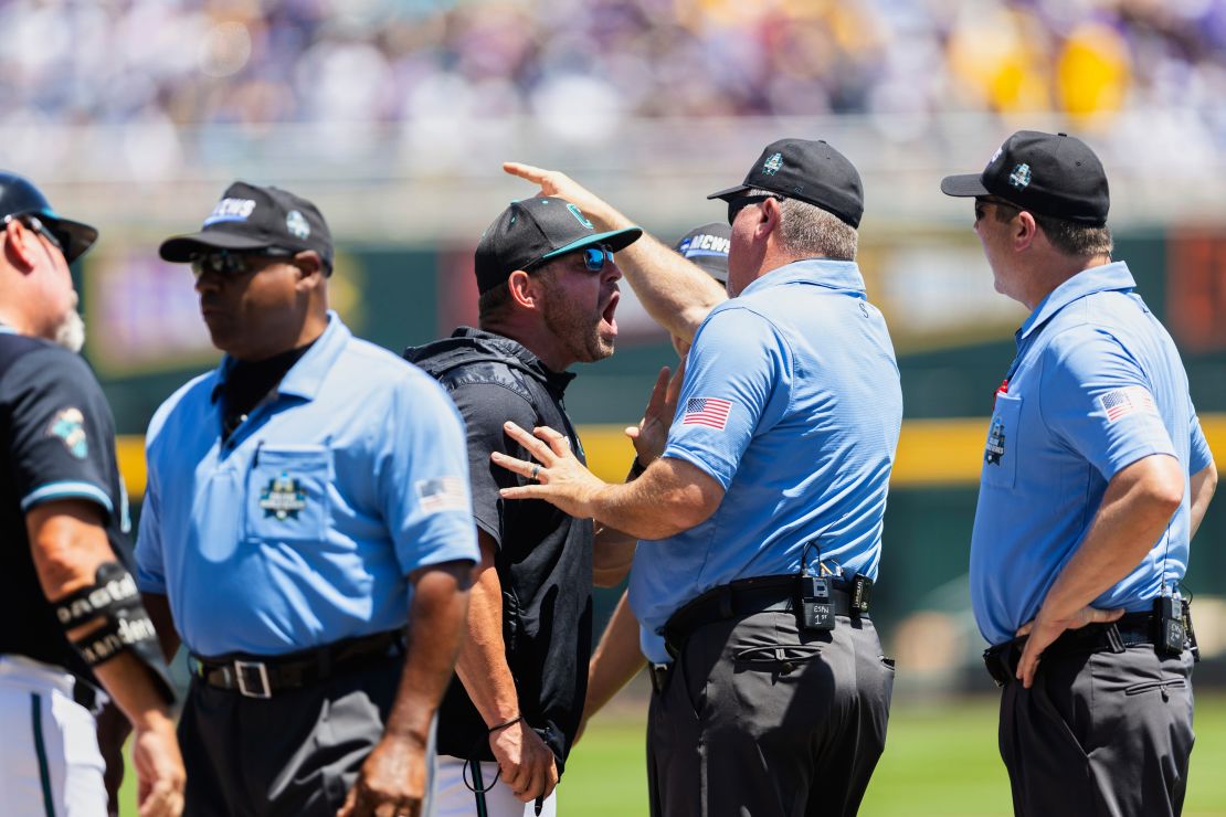 Coastal Carolina coach Kevin Schnall was ejected along with first base coach Matt Schilling in the first inning on Sunday.