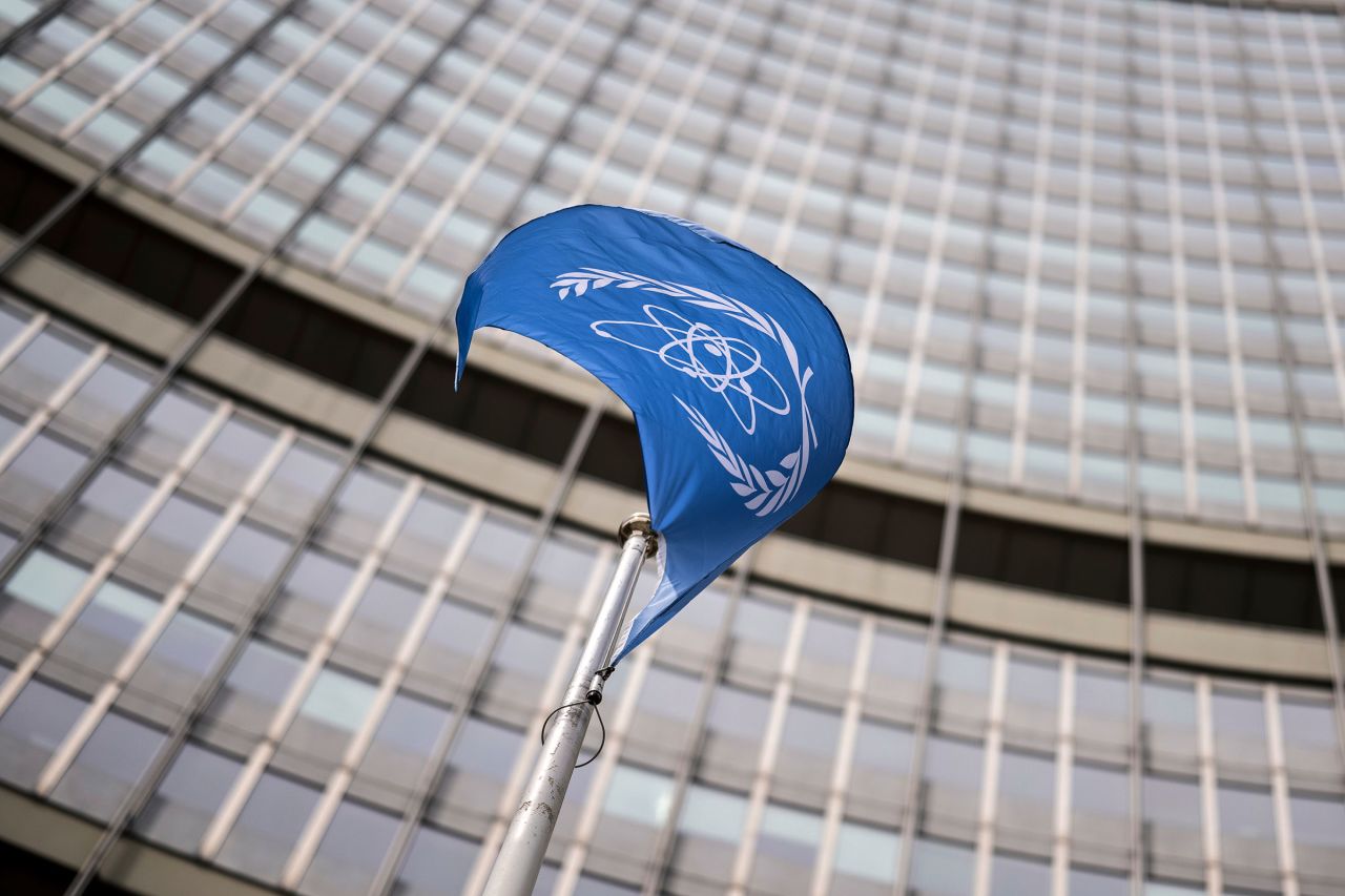 A flag waves in front of the International Atomic Energy Agency in Vienna, Austria, on Monday.