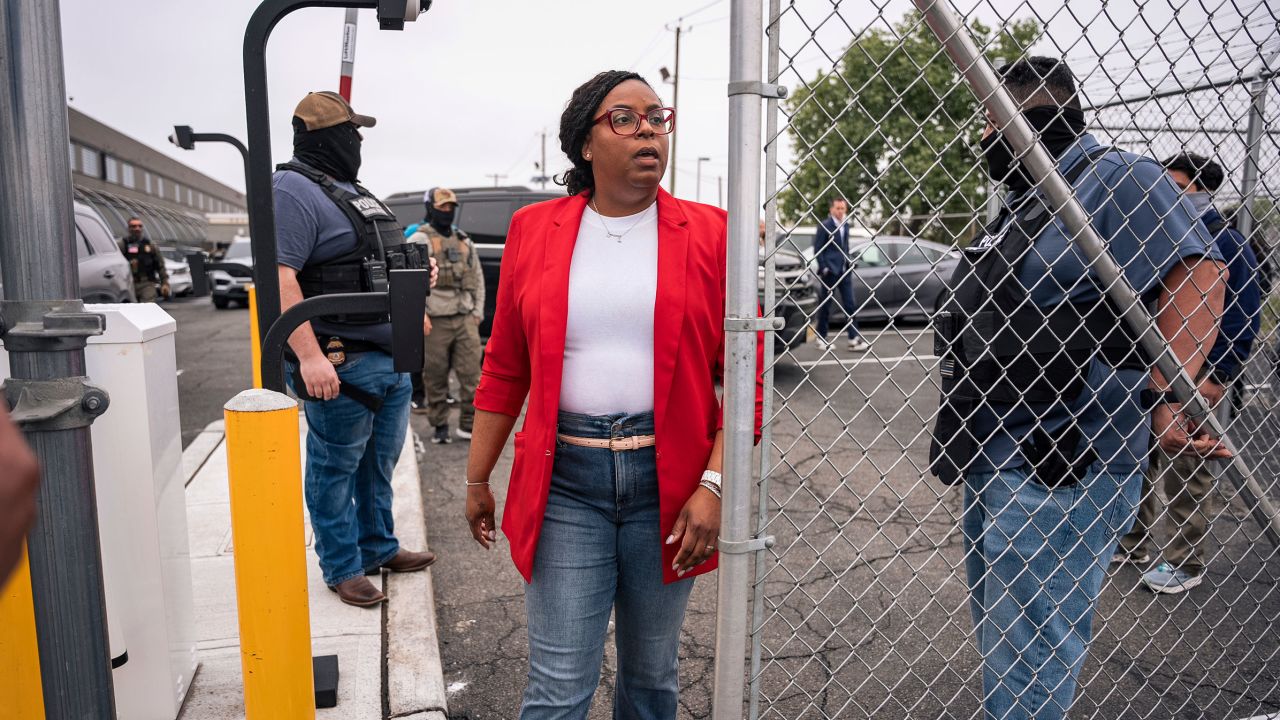 Rep. LaMonica McIver exits the grounds at Delaney Hall, an ICE detention facility, in Newark, New Jersey, on May 9, 2025.