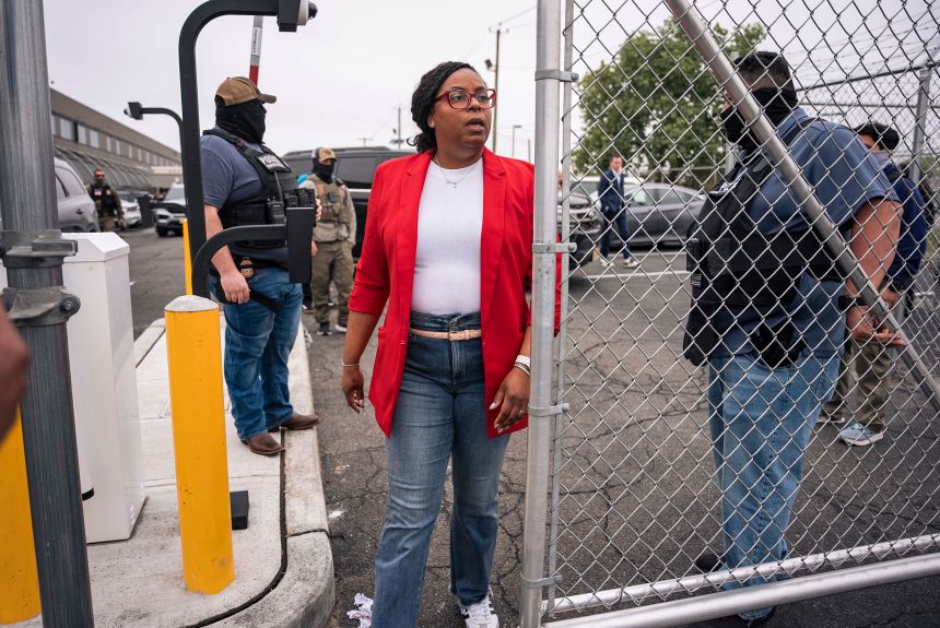 Rep. LaMonica McIver exits the grounds at Delaney Hall, an ICE detention facility, in Newark, New Jersey, on May 9, 2025.