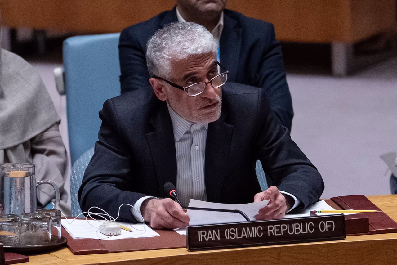 Iran's Ambassador and Permanent Representative to the United Nations Amir-Saeid Iravani speaks during a Security Council meeting at the United Nations Headquarters on Tuesday.