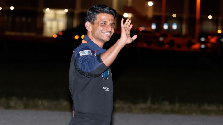 Shubhanshu Shukla waves before departing to pad 39A for a launch to the International Space Station at the Kennedy Space Center in Cape Canaveral, Fla., Tuesday, June 24, 2025.