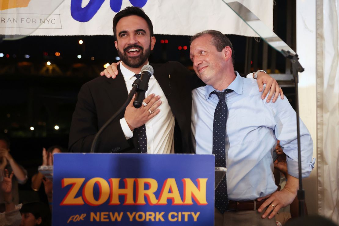 Democratic mayoral candidate Zohran Mamdani, left, speaks on stage with fellow candidate Comptroller Brad Lander at his primary election party, Wednesday, June 25, 2025, in New York.
