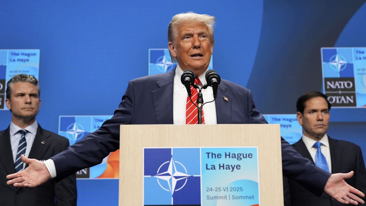 President Donald Trump speaks during a media conference at the end of the NATO summit as Foreign Secretary Marco Rubio, right, and Defence Secretary Pete Hegseth listen, in The Hague, Netherlands, Wednesday, June 25, 2025. (AP Photo/Alex Brandon)