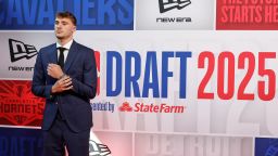 Cooper Flagg arrives for the first round of the NBA basketball draft Wednesday in New York.