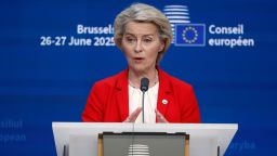 European Commission President Ursula von der Leyen speaks at an EU summit in Brussels on June 26, 2025.