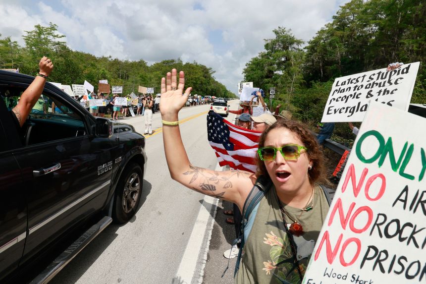 Environmental advocates and protesters at the Dade-Collier Training and Transition Airport on Saturday, June 28, 2025, object to the 