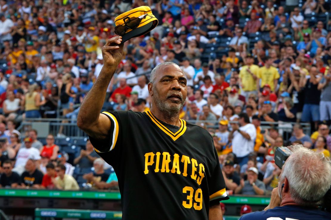 Dave Parker tips his cap during a pre-game ceremony honoring the 1979 World Series team in Pittsburgh on July 20, 2019.